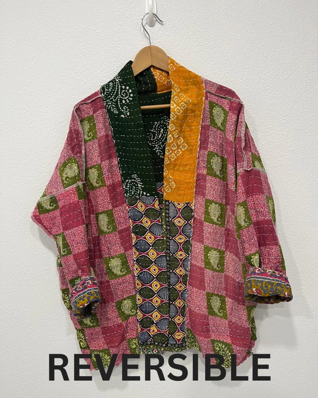 Luxury Boho Green and yellow geometric pattern and Patchwork-like quilted Jacket is made from Kantha Cloth. It is Reversible for 2 looks in one, Sustainably made and great for traveling.