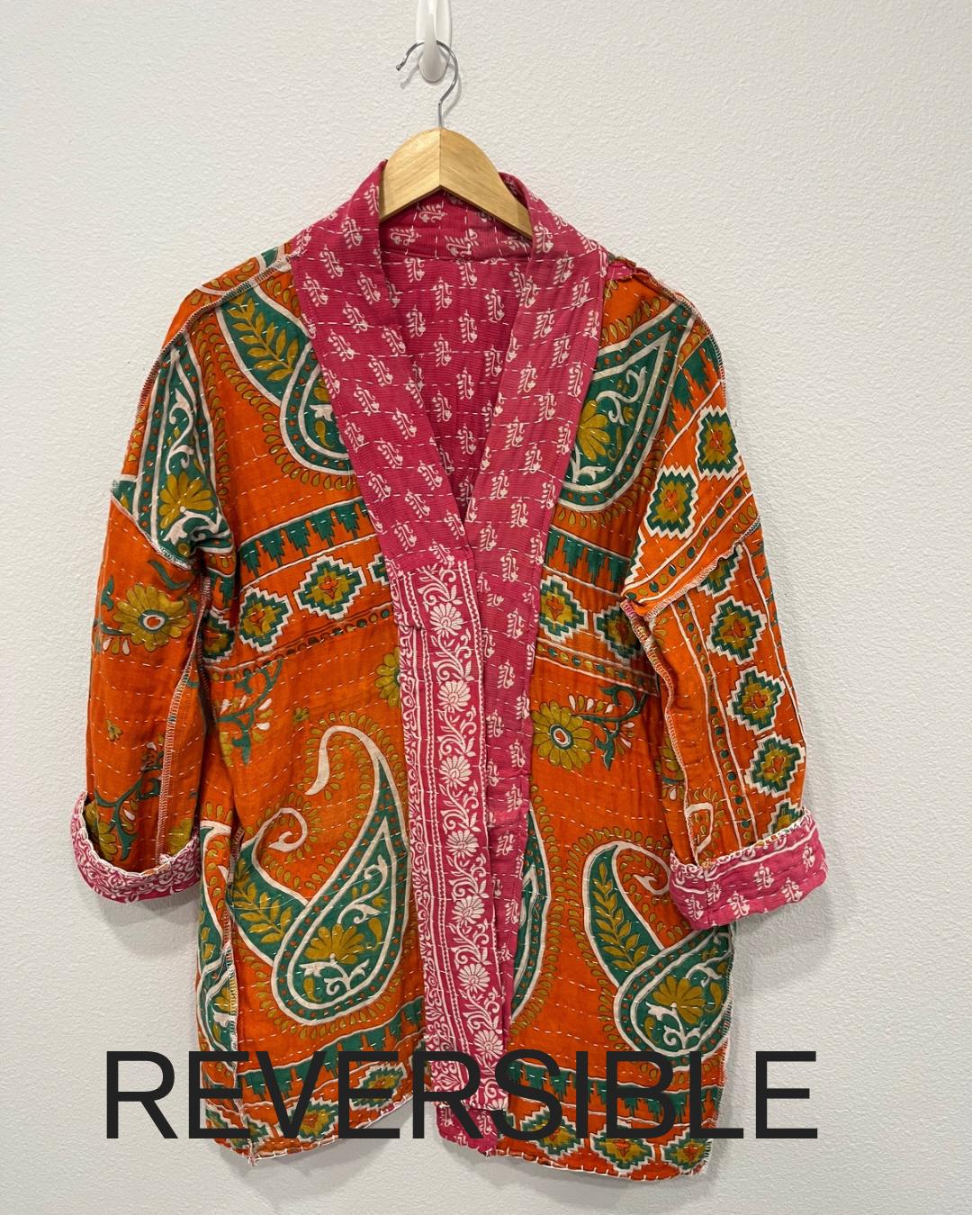 Luxury Boho Style quilted Pink patterned jacket is made from Kantha Cloth. it is reversable for 2 looks in one and light weight which makes it great for traveling and easy packing.
