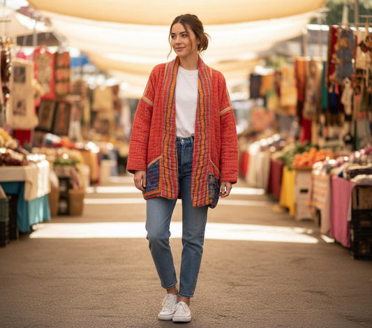 Reversible, unique, reversible quilted statement Jacket made for women who want to travel in style. This Coral Hand Stitched, Boho Artisan Coat is trimmed in beige piping with royal blue pockets and edges the bottom of the jacket.