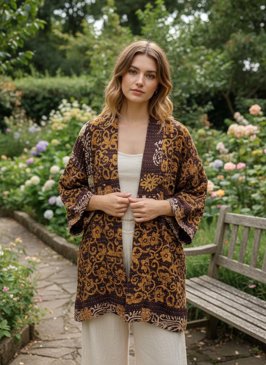 This is a unique, quilted dark burgundy and Dark gold quilted statement jacket with large pockets made for easy traveling in style.