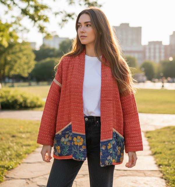 Reversible, unique, reversible quilted statement Jacket made for women who want to travel in style. This Coral Hand Stitched, Boho Artisan Coat is trimmed in beige piping with royal blue pockets and edges the bottom of the jacket.
