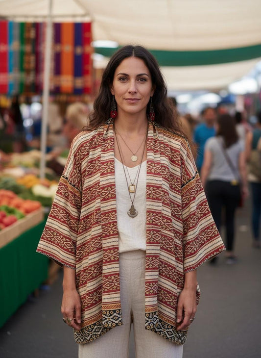 Luxury unique reversible quilted jacket in a Red, Beige and Black linear design. This Jacket is made for easy traveling with style.