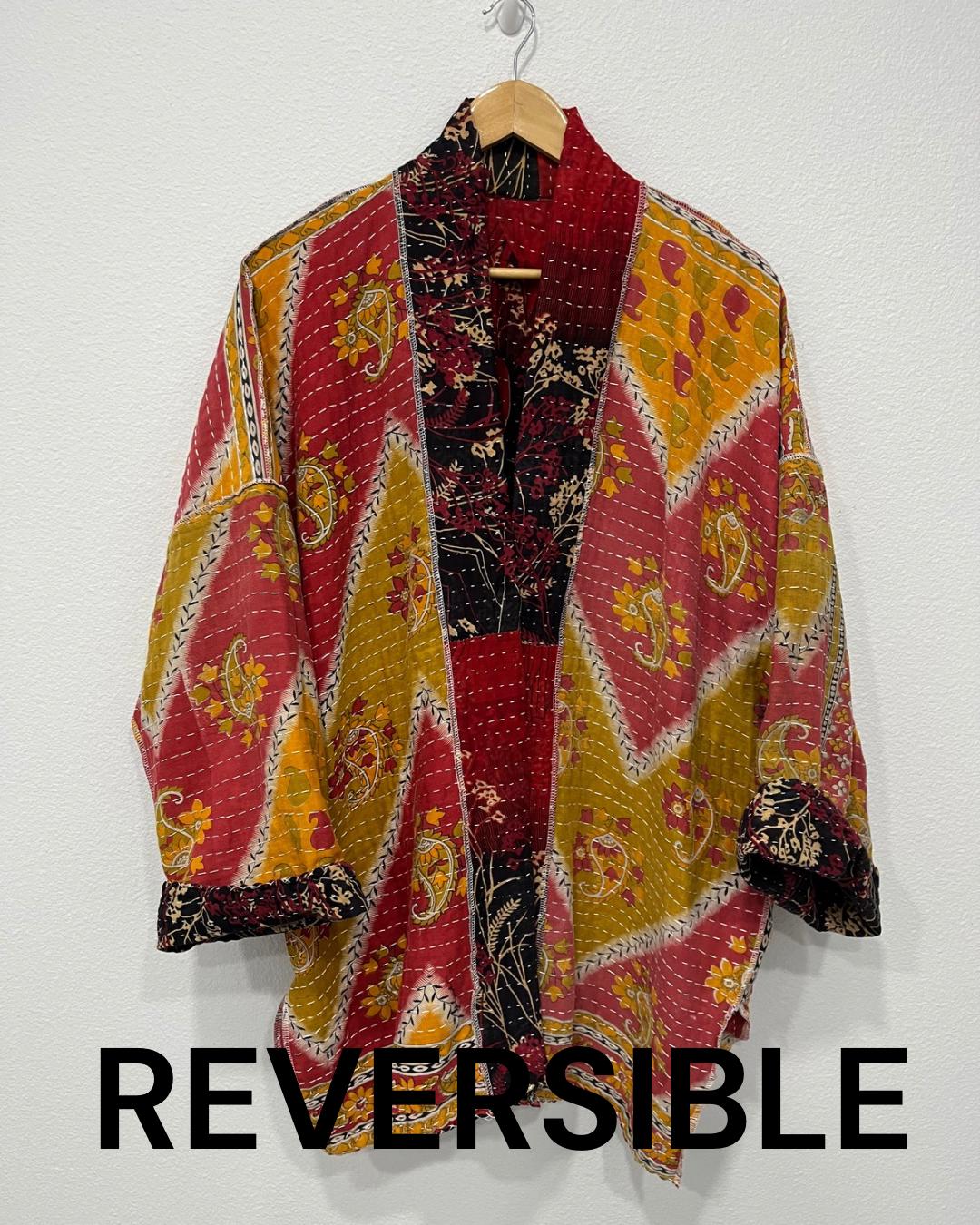 Unique, reversible quilted statement jacket made for easy travel with Red and Black floral Kantha Cloth.