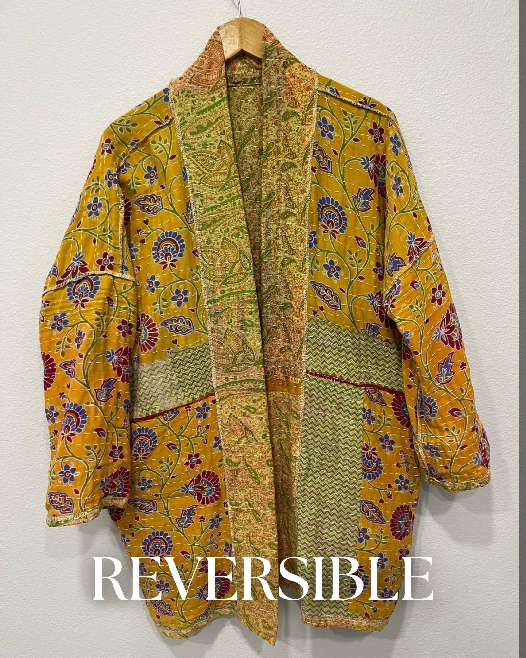 Unique Quilted statement Coat, reversible, sustainable, and made for the woman who lives life with style and grace. it is lovely with a yellow and green ombre effect with large pockets,.