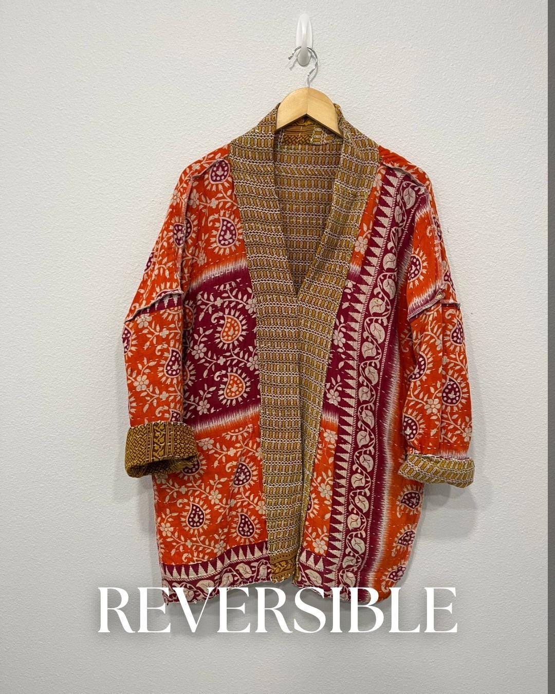 Unique, reversible Quilted statement Jacket for women who travel in style.  It is a Medium Gold and Dark Gold geometric pattern and large pockets. Wear as a Casual weekend outfit or office wear over a dress.