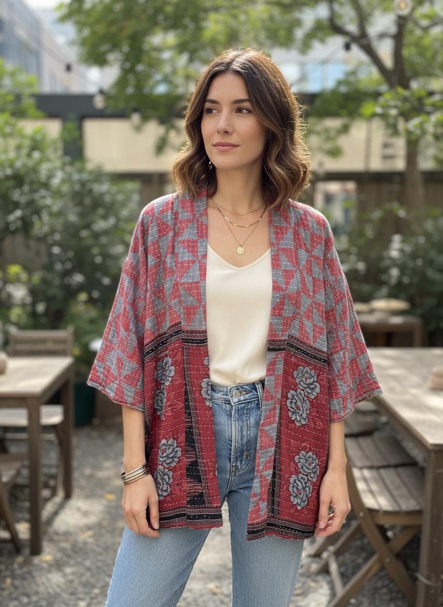 Unique, reversible, quilted, statement jacket made for easy traveling in style. This Blue and Rose-colored piece with floral border. It is comfortable and so soft..