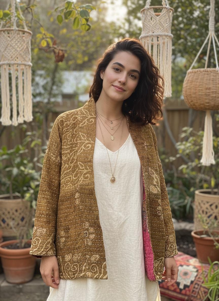 Luxury, unique, reversible quilted statement coat made for the stylish woman wanting quality over quantity. It is a light brown and beige print fabric with hot pink floral fabric inside.