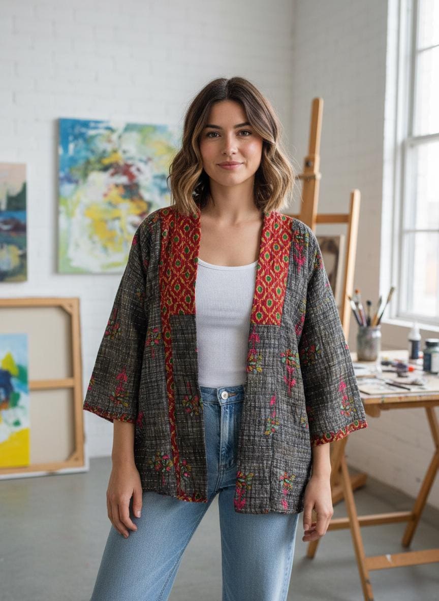 This Gray and Red patterned Boho Quilted Jacket is made with Kantha Cloth. It is reversible for 2 looks in one, sustainably made, and great for traveling.