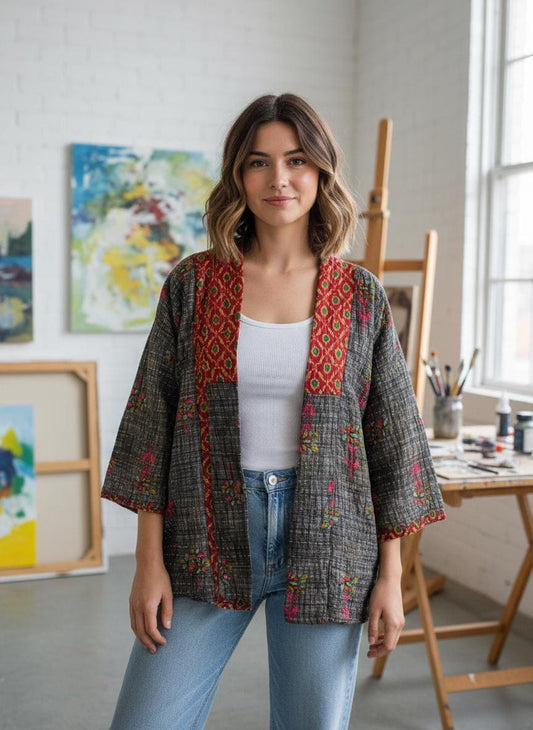 This Gray and Red patterned Boho Quilted Jacket is made with Kantha Cloth. It is reversible for 2 looks in one, sustainably made, and great for traveling.