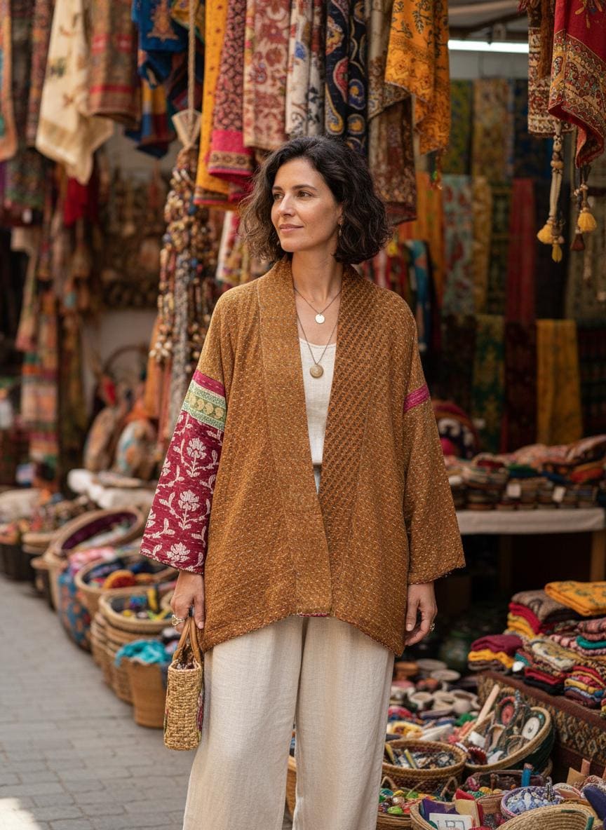 This one-of-a-kind quilted brown-gold small floral print and pink upper arm bands jacket is made of Kantha Cloth. It is wonderful for traveling as it is reversible for 2 looks in one and it is light weight for easy packing.