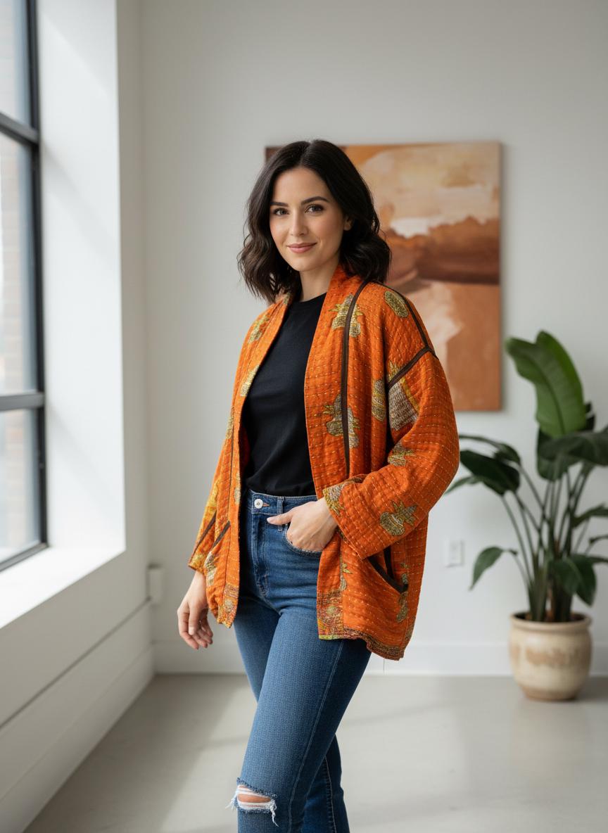 One-of-A-Kind quilted orange jacket with brown piping and pockets. Handmade with Kantha Cloth (procured through Fair Trade) and reversible