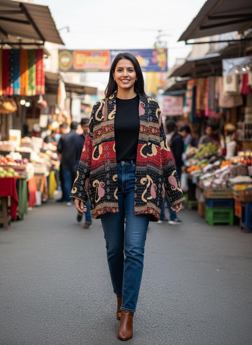 This soft and comfortable, Red, Black and Beige Quilted jacket is made from Kantha Cloth that has a story. It is wonderful for traveling. It is reversable for 2 looks in one and is light weight for easy packing