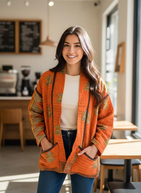 One-of-A-Kind quilted orange jacket with brown piping and pockets. Handmade with Kantha Cloth (procured through Fair Trade) and reversible