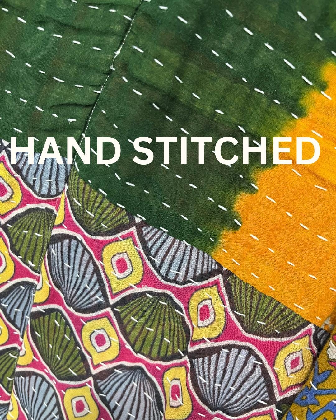 Luxury Boho Green and yellow geometric pattern and Patchwork-like quilted Jacket is made from Kantha Cloth. It is Reversible for 2 looks in one, Sustainably made and great for traveling.