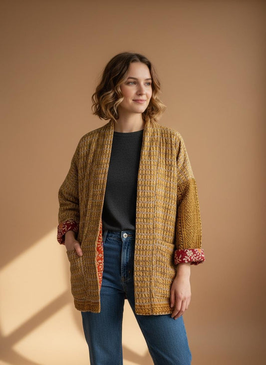 Unique, reversible Quilted statement Jacket for women who travel in style.  It is a Medium Gold and Dark Gold geometric pattern and large pockets. Wear as a Casual weekend outfit or office wear over a dress.