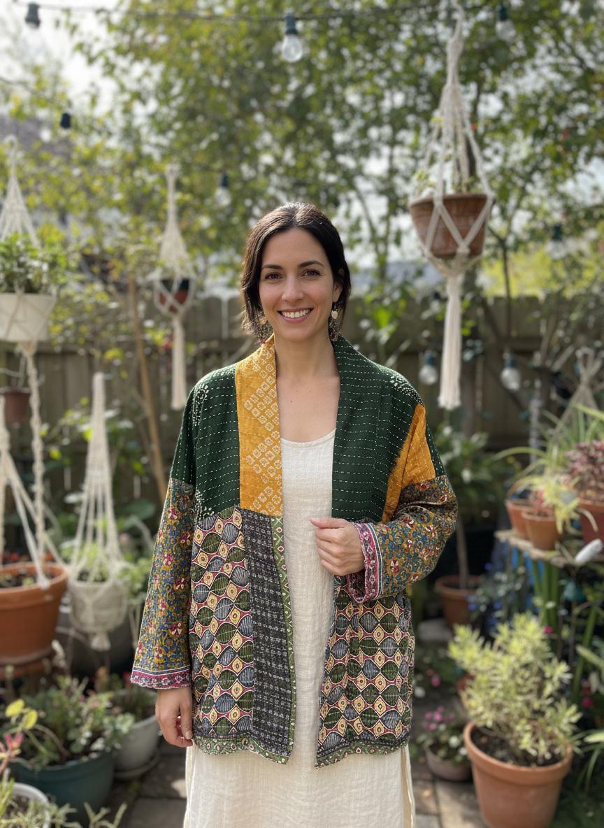 Luxury Boho Green and yellow geometric pattern and Patchwork-like quilted Jacket is made from Kantha Cloth. It is Reversible for 2 looks in one, Sustainably made and great for traveling.