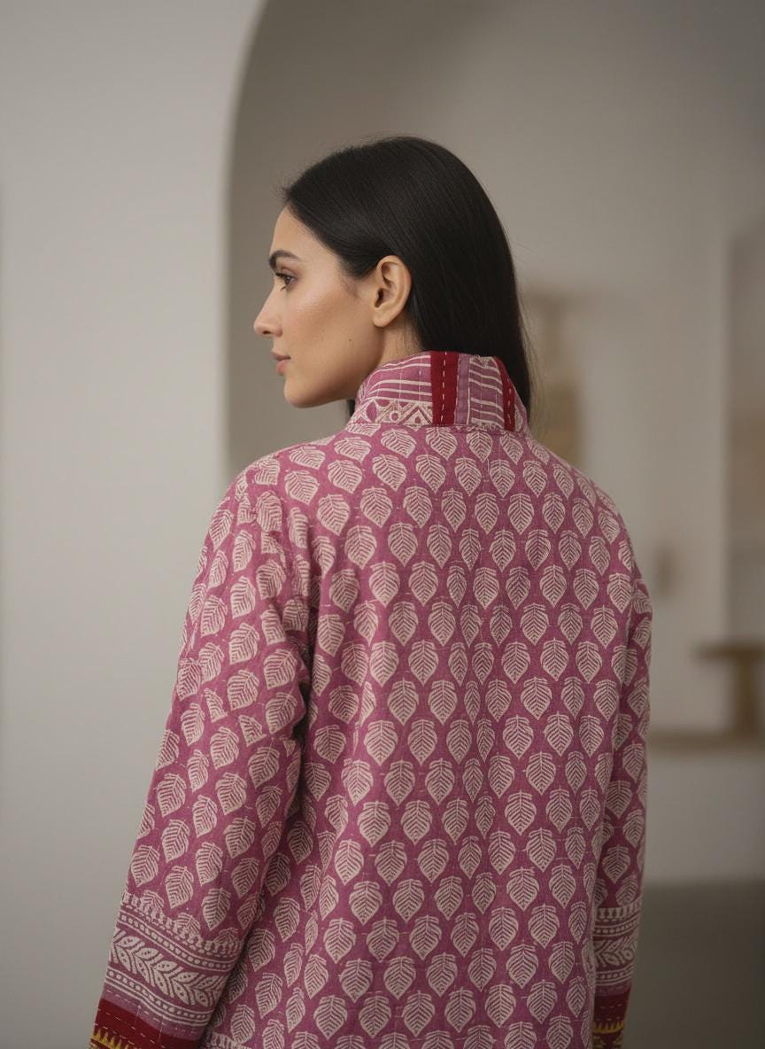 Unique, reversible quilted jacket. This Jacket is a lavender print fabric with red trim around the wrist. It is also soft and comfortable with pockets