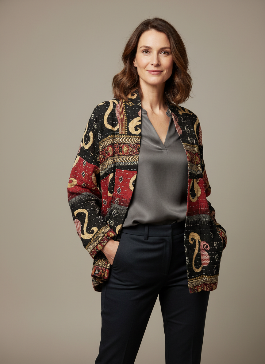 This soft and comfortable, Red, Black and Beige Quilted jacket is made from Kantha Cloth that has a story. It is wonderful for traveling. It is reversable for 2 looks in one and is light weight for easy packing