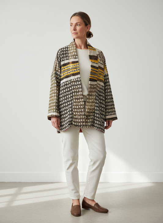 One-of-a-kind, reversible, quilted, jacket. The modern patchwork makes this coat lightweight, stylish and comfy. For confident women.