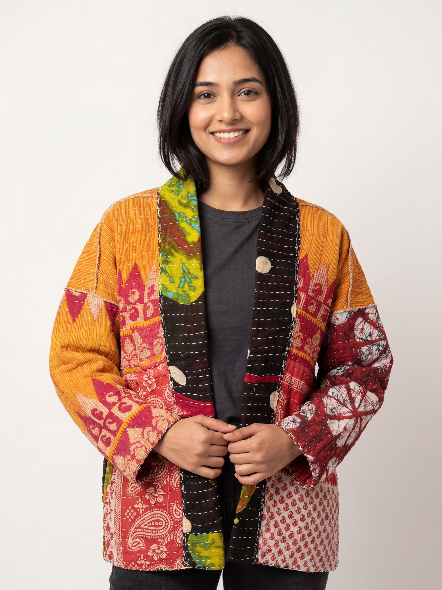 One--of-a-kind reversible, quilted Jacket. This modern patchwork makes this lightweight, stylish and comfy.t