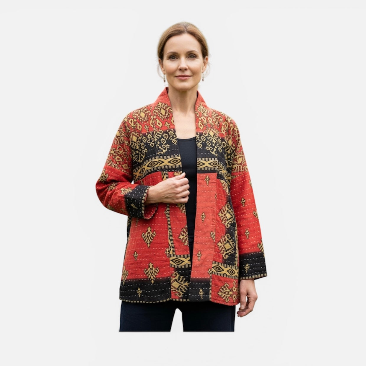 One-of-a-kind, reversible, quilted Woman's jacket. The modern patchwork makes the jacket lightweight, stylish and comfy. For confident women