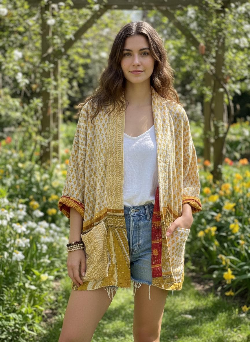 This Yellow, gold and white geometric designed luxury, unique, reversible quilted jacket made for easy traveling in style.