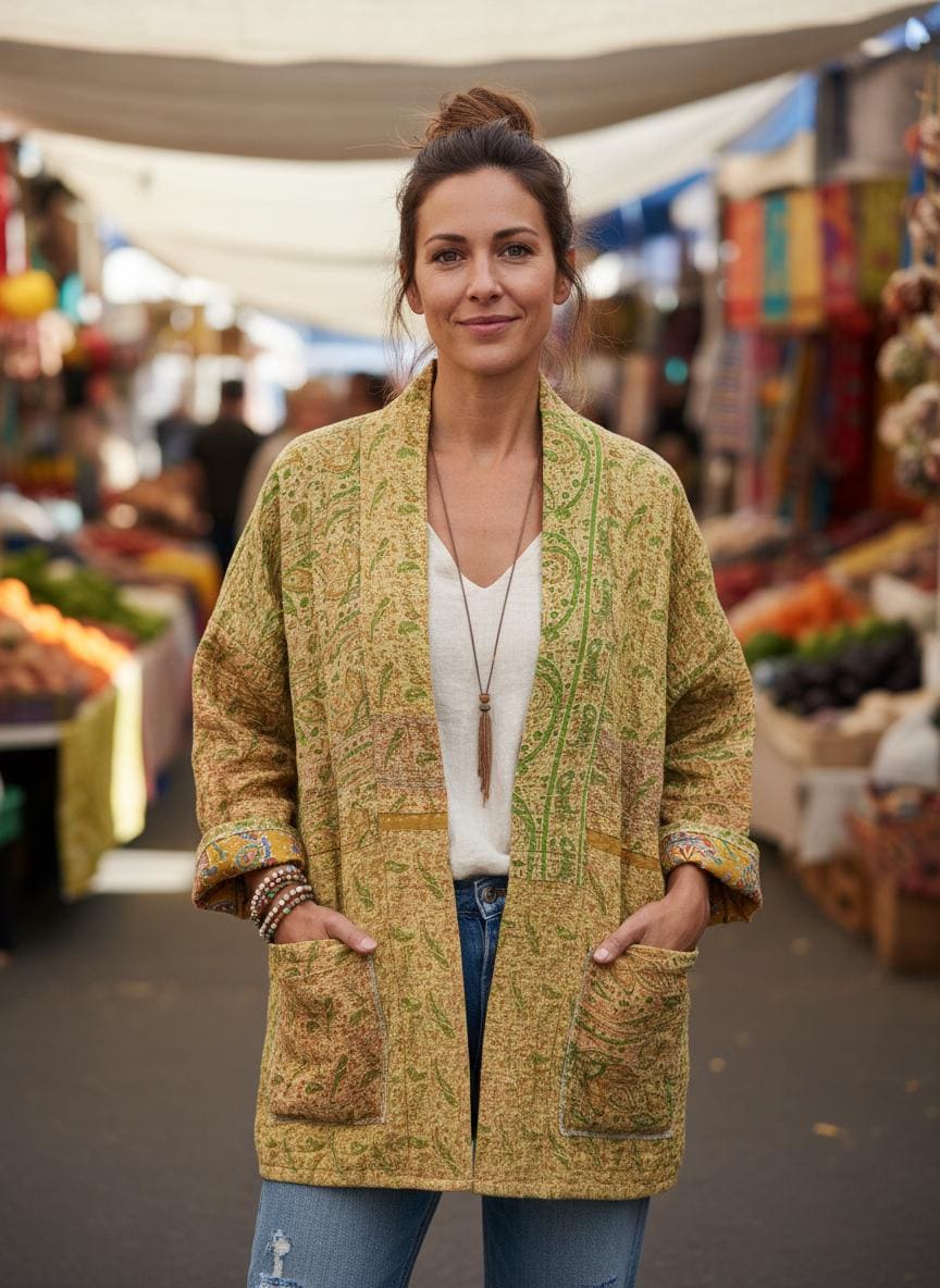 Unique Quilted statement Coat, reversible, sustainable, and made for the woman who lives life with style and grace. it is lovely with a yellow and green ombre effect with large pockets,.