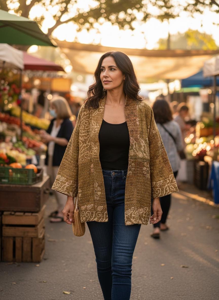 Luxury, unique, reversible quilted statement coat made for the stylish woman wanting quality over quantity. It is a light brown and beige print fabric with hot pink floral fabric inside.