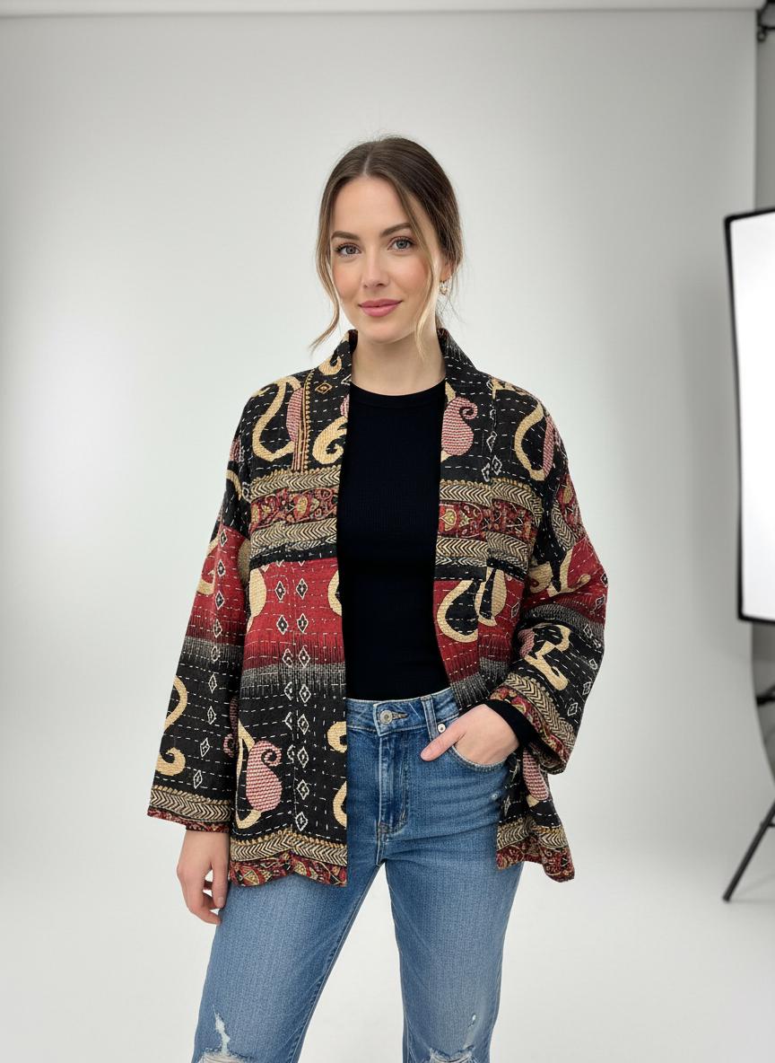 This soft and comfortable, Red, Black and Beige Quilted jacket is made from Kantha Cloth that has a story. It is wonderful for traveling. It is reversable for 2 looks in one and is light weight for easy packing