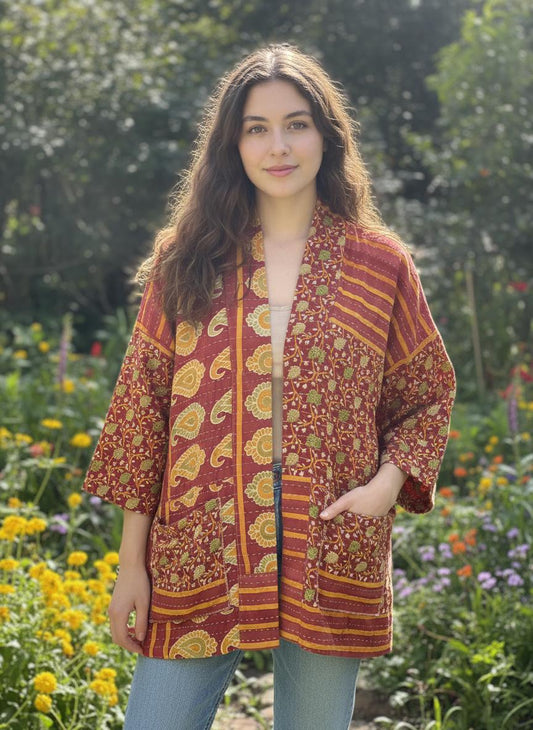 Unique Kantha Quilted statement Jacket Handmade for someone who wants a quality timeless piece with large pockets.