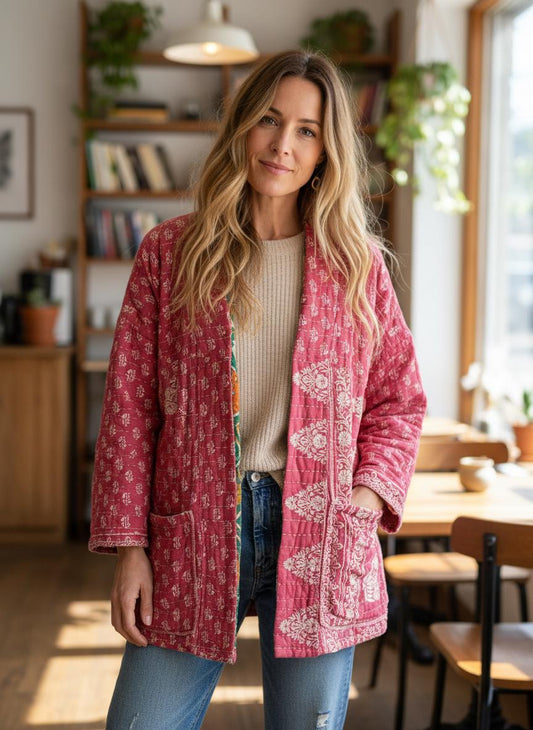 This Boho style, Pink and white patterned quilted jacket made from Kantha Cloth. This Jacket is great for traveling as it is reversable for 2 looks in 1 and light weight for easy packing.