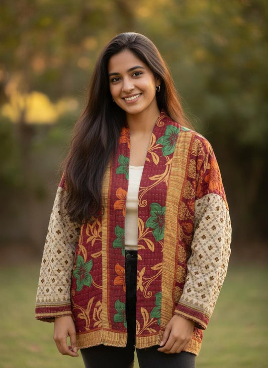 This One-of-a-kind Quilted Red, Green, and Gold jacket with Beige Sleeves is made from Kantha Cloth. It is great for traveling as it is reversible for 2 looks in one, and light weight for easy packing.