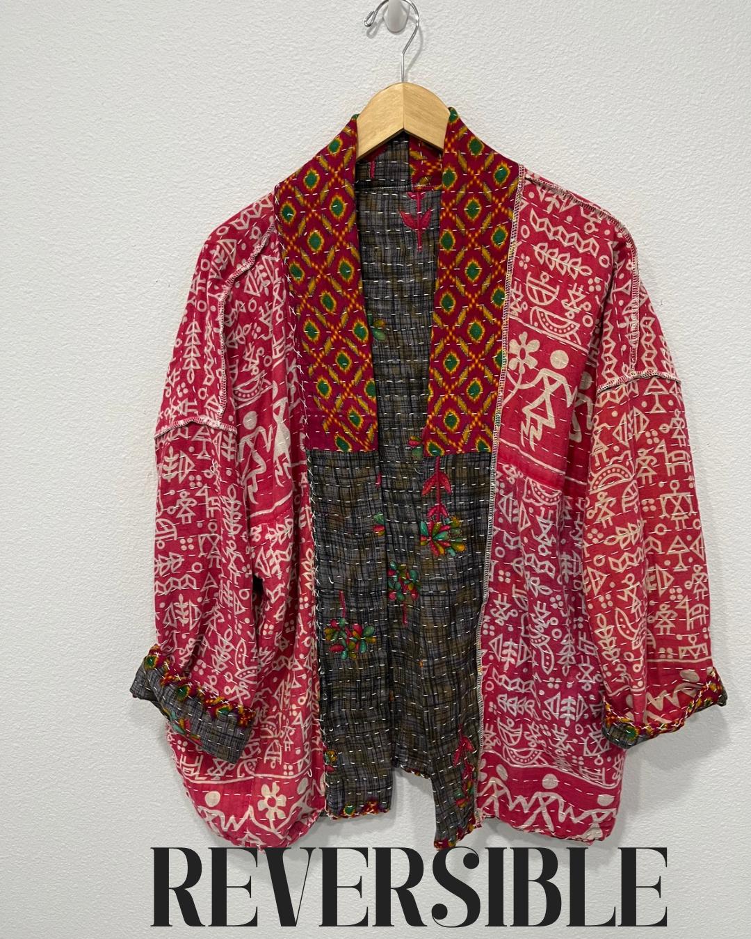 This Gray and Red patterned Boho Quilted Jacket is made with Kantha Cloth. It is reversible for 2 looks in one, sustainably made, and great for traveling.