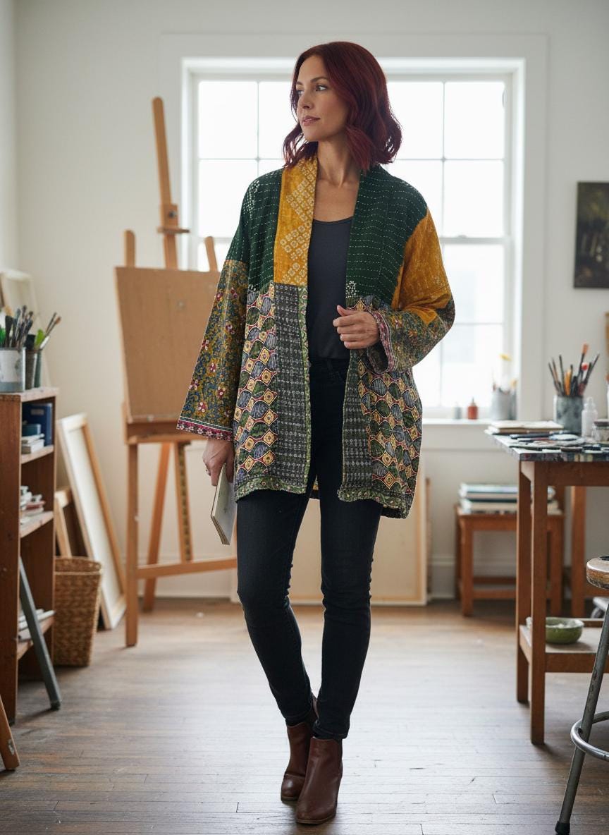 Luxury Boho Green and yellow geometric pattern and Patchwork-like quilted Jacket is made from Kantha Cloth. It is Reversible for 2 looks in one, Sustainably made and great for traveling.