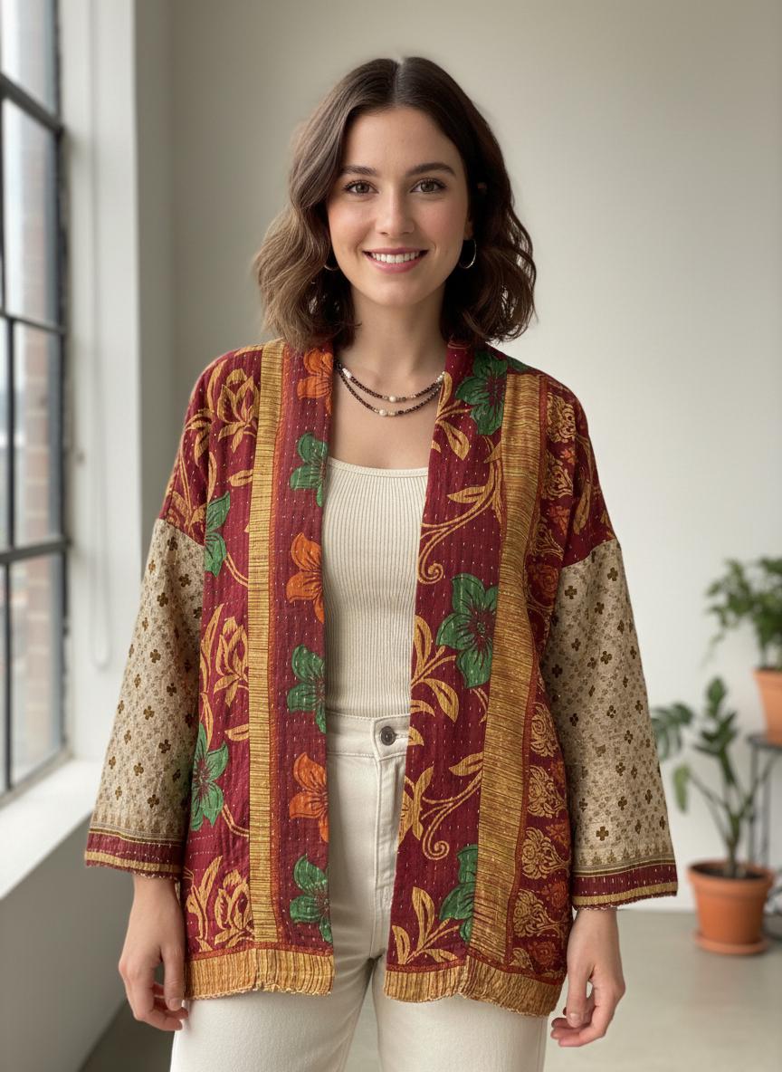 This One-of-a-kind Quilted Red, Green, and Gold jacket with Beige Sleeves is made from Kantha Cloth. It is great for traveling as it is reversible for 2 looks in one, and light weight for easy packing.