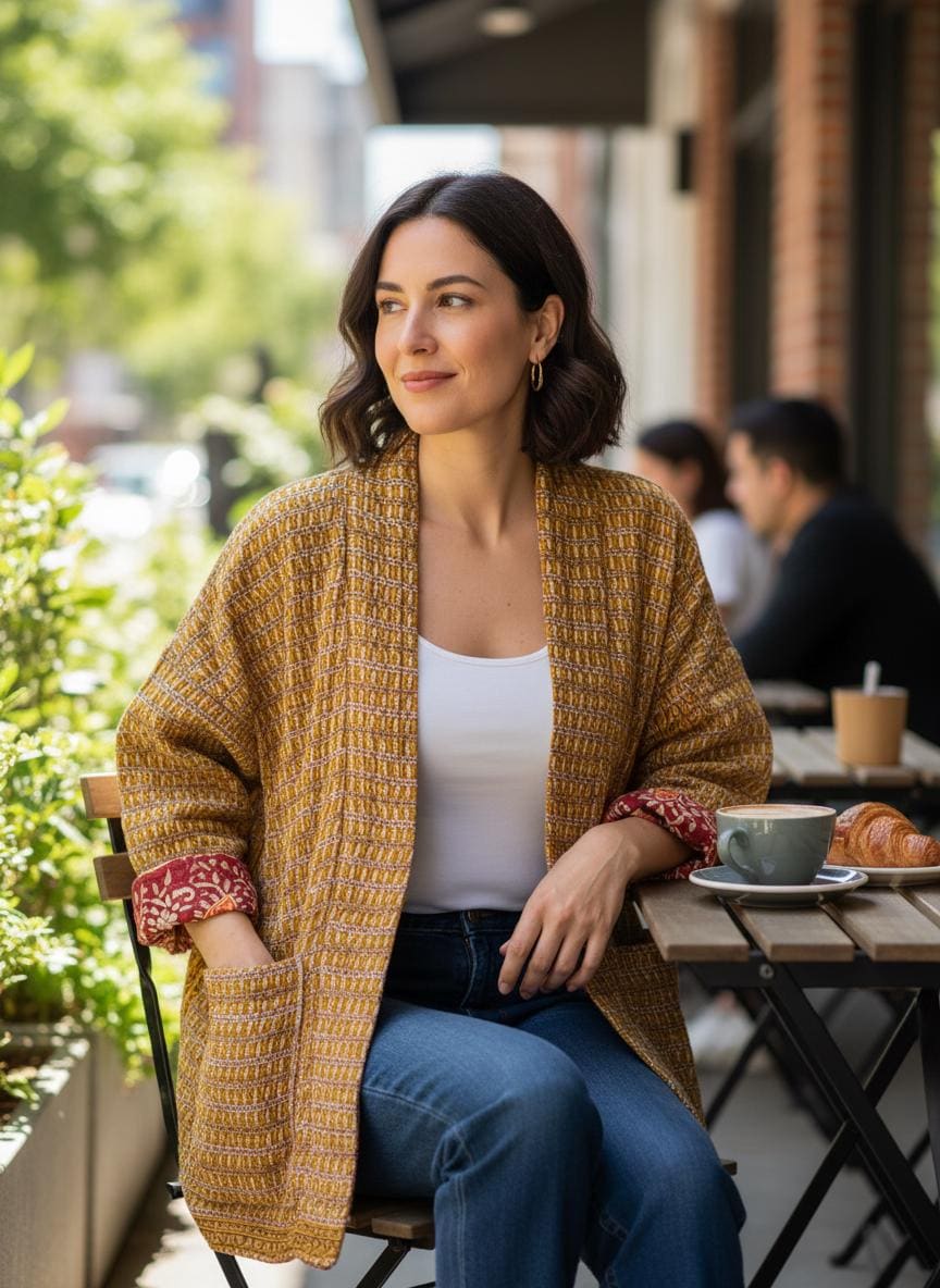 Unique, reversible Quilted statement Jacket for women who travel in style.  It is a Medium Gold and Dark Gold geometric pattern and large pockets. Wear as a Casual weekend outfit or office wear over a dress.