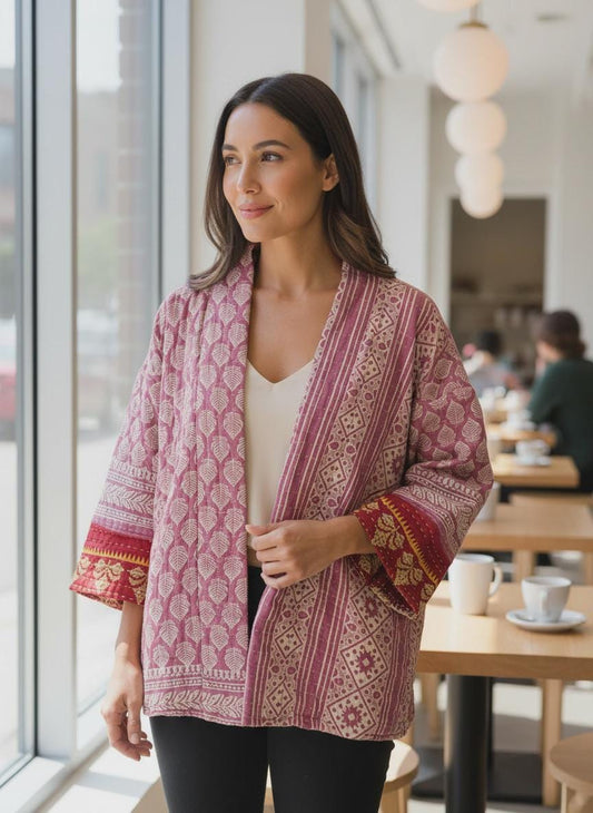 Unique, reversible quilted jacket. This Jacket is a lavender print fabric with red trim around the wrist. It is also soft and comfortable with pockets
