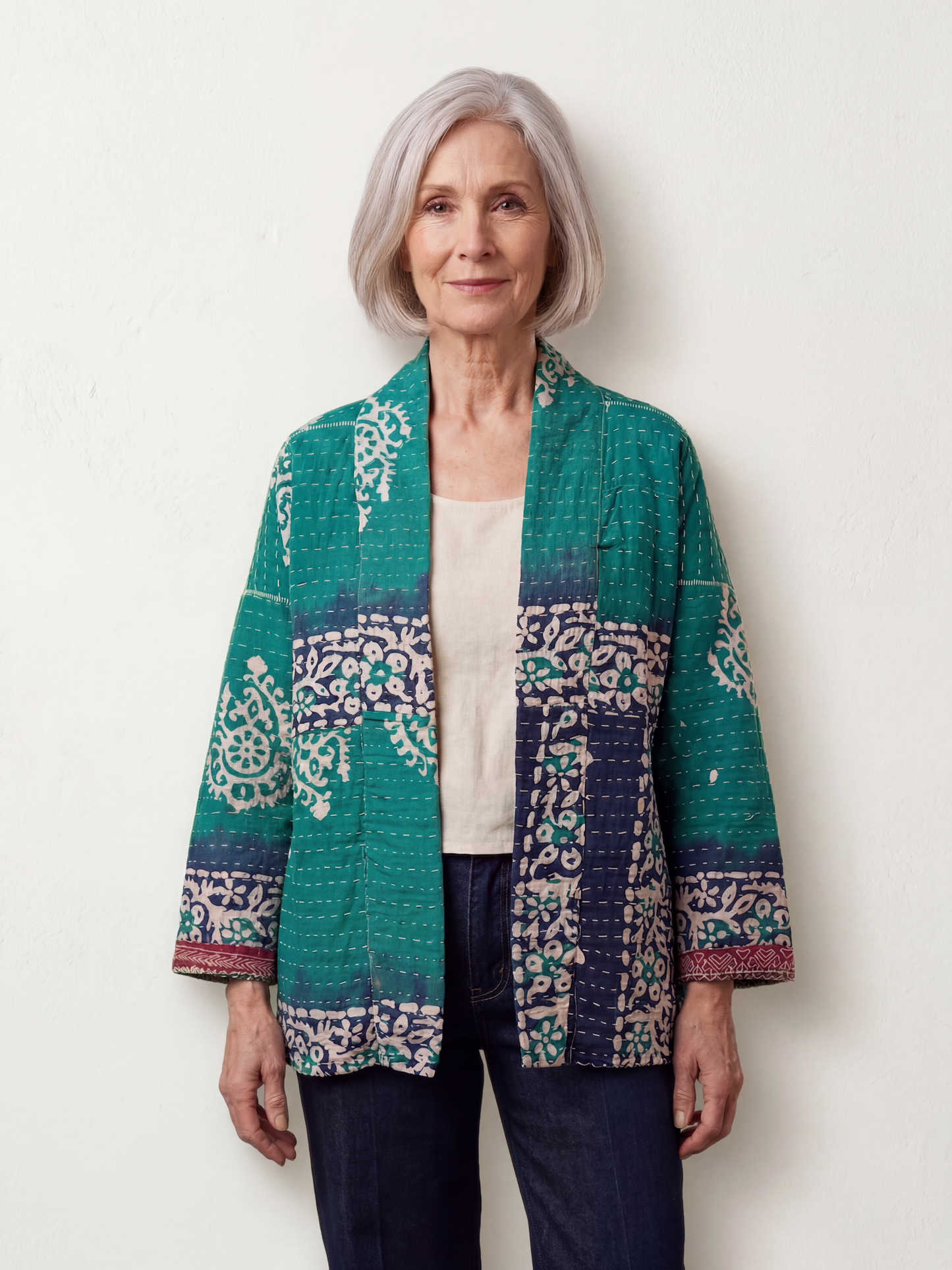 One-of-a-kind, reversible, quilted, Kantha Cloth Jacket. The modern patchwork makes this lightweight, stylish and comfy. Great for travel.