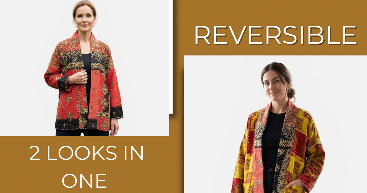 One-of-a-kind, reversible, quilted Woman's jacket. The modern patchwork makes the jacket lightweight, stylish and comfy. For confident women