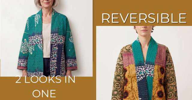One-of-a-kind, reversible, quilted, Kantha Cloth Jacket. The modern patchwork makes this lightweight, stylish and comfy. Great for travel.